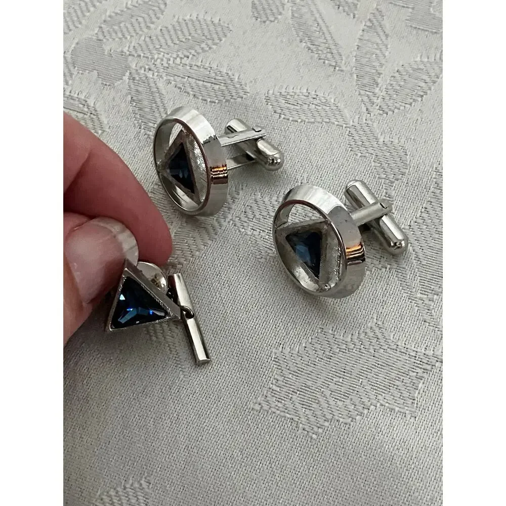Vintage MCM Tie Clasp & Cufflink Set Blue Faceted Stones Silver Tone Geometric